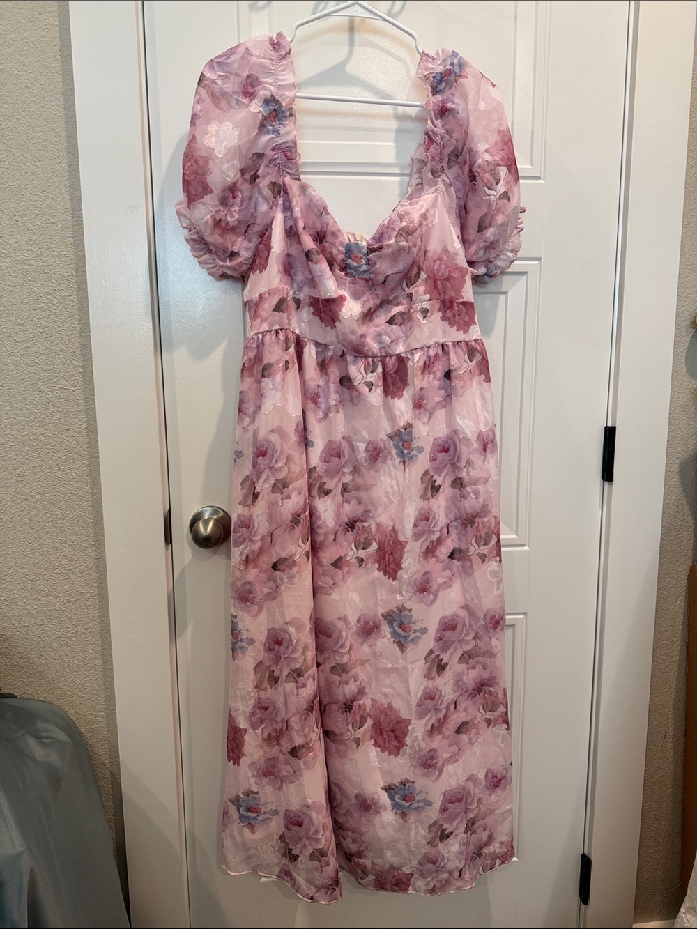 SHEIN Pink Floral Puff-Sleeve Midi Dress - Picture 1 of 5
